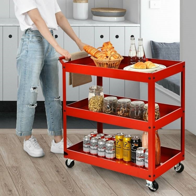 Red Steel Frame Kitchen Serving Utility Cart on Wheels with 2 Bottom Shelves LuxuryLifeWay Online Store