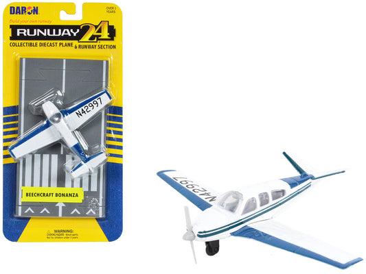 Beechcraft Bonanza Aircraft White with Blue Stripes "N42997" with Runway Section Diecast Model Airplane by Runway24 LuxuryLifeWay Online Store