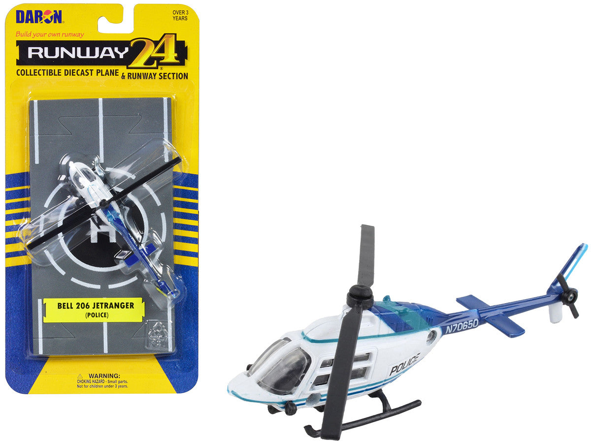 Bell 206 Jetranger Helicopter White and Blue "Police-N70650" with Runway Section Diecast Model by Runway24 LuxuryLifeWay Online Store