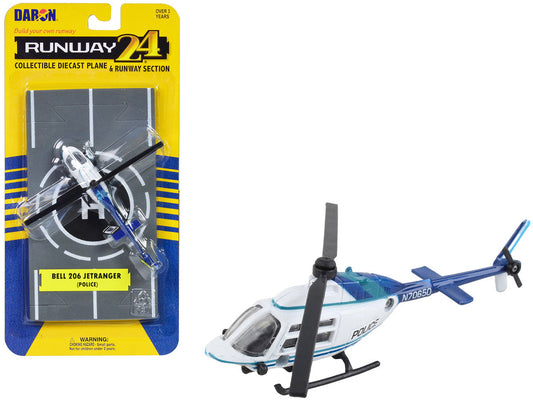 Bell 206 Jetranger Helicopter White and Blue "Police-N70650" with Runway Section Diecast Model by Runway24 LuxuryLifeWay Online Store