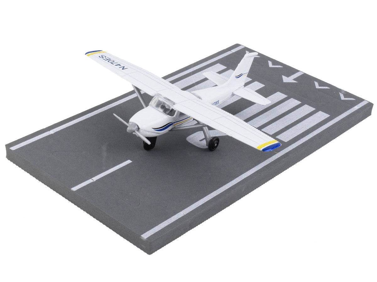 Cessna 172 Aircraft White with Blue and Yellow Stripes "N470ES" with Runway Section Diecast Model Airplane by Runway24 LuxuryLifeWay Online Store