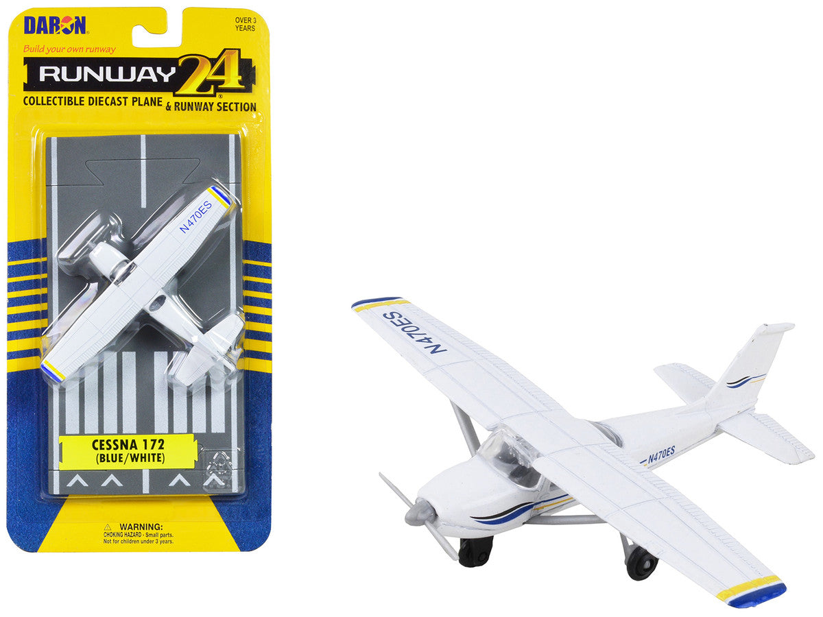 Cessna 172 Aircraft White with Blue and Yellow Stripes "N470ES" with Runway Section Diecast Model Airplane by Runway24 LuxuryLifeWay Online Store