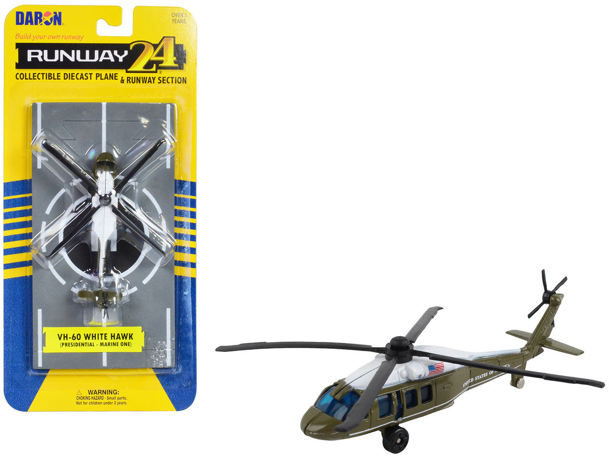 Sikorsky VH-60 White Hawk Helicopter Olive Drab with White Top "United States Presidential Helicopter - Marine One" with Runway Section Diecast Model by Runway24 LuxuryLifeWay Online Store