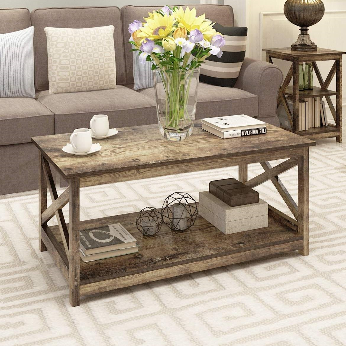 Contemporary 2-Tier Farmhouse Coffee Table in Rustic Wood Finish LuxuryLifeWay Online Store