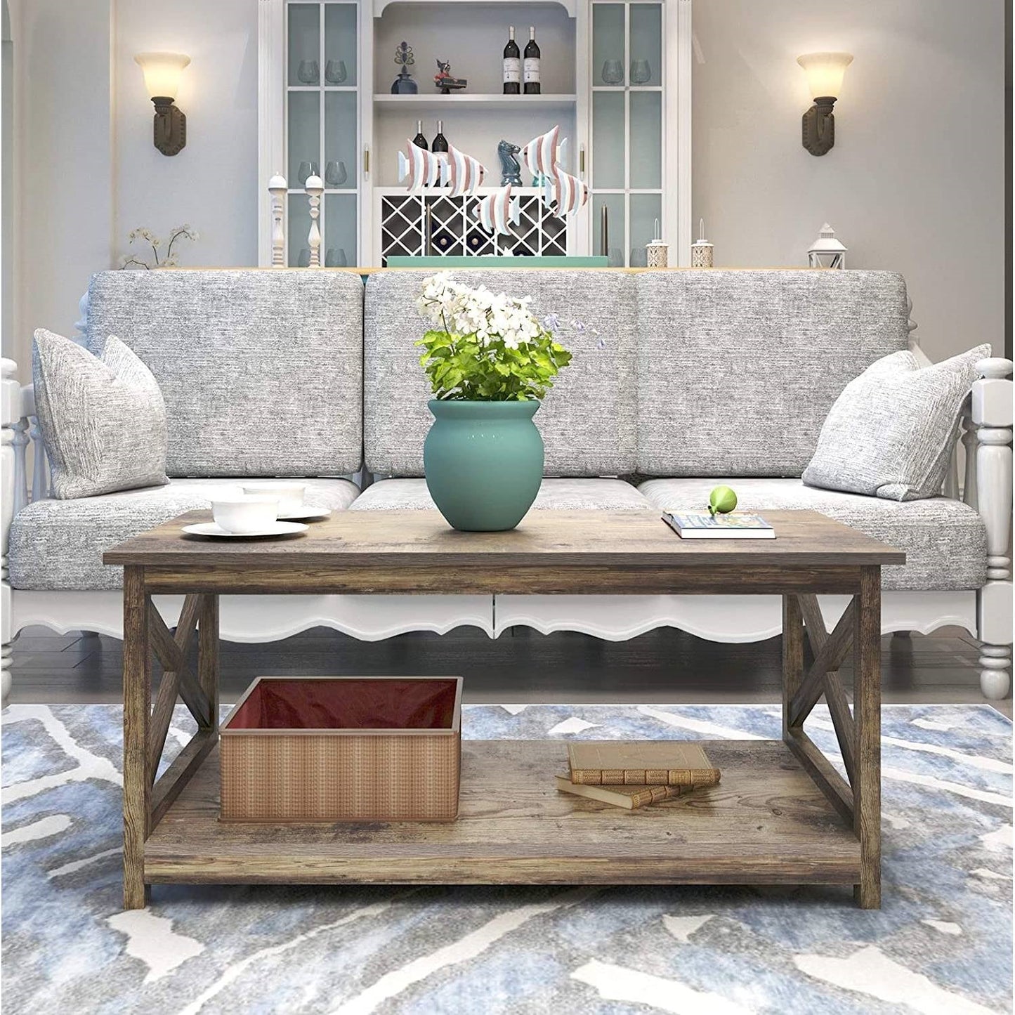 Contemporary 2-Tier Farmhouse Coffee Table in Rustic Wood Finish LuxuryLifeWay Online Store