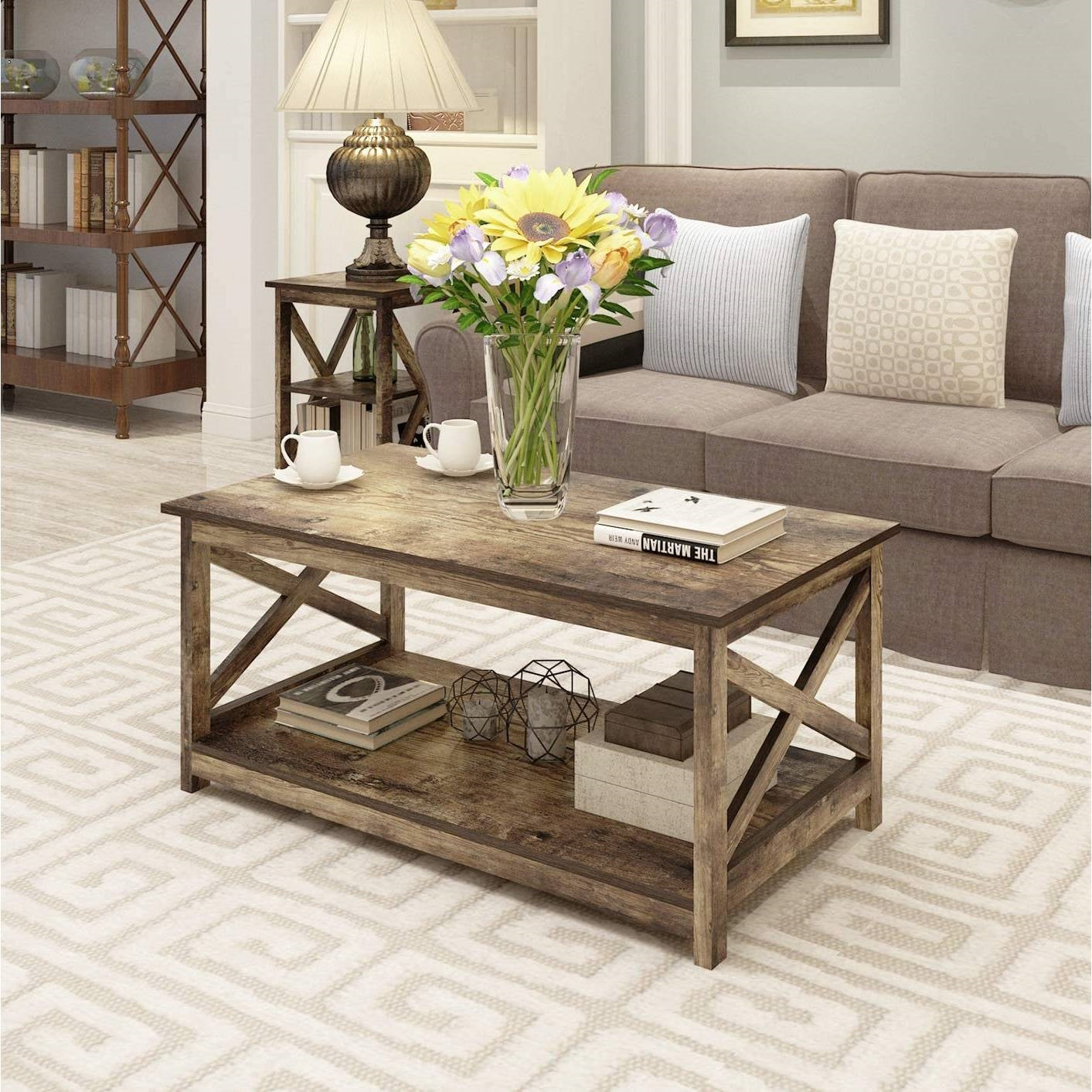Contemporary 2-Tier Farmhouse Coffee Table in Rustic Wood Finish LuxuryLifeWay Online Store