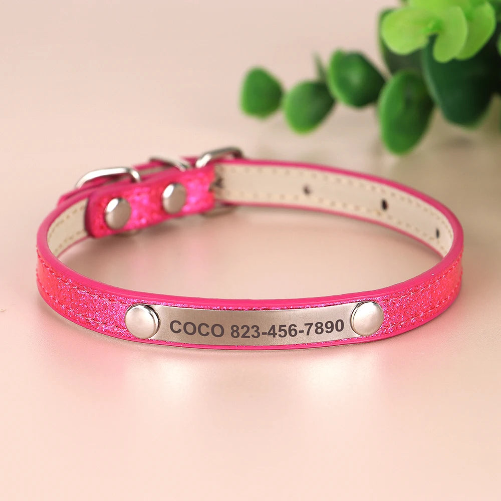 Personalized Cat Collar Custom Leather Cat Collars Free Engraved Puppy Kitten ID Necklace Bling Pet Collars for Small Dogs Cats Pi-Mart