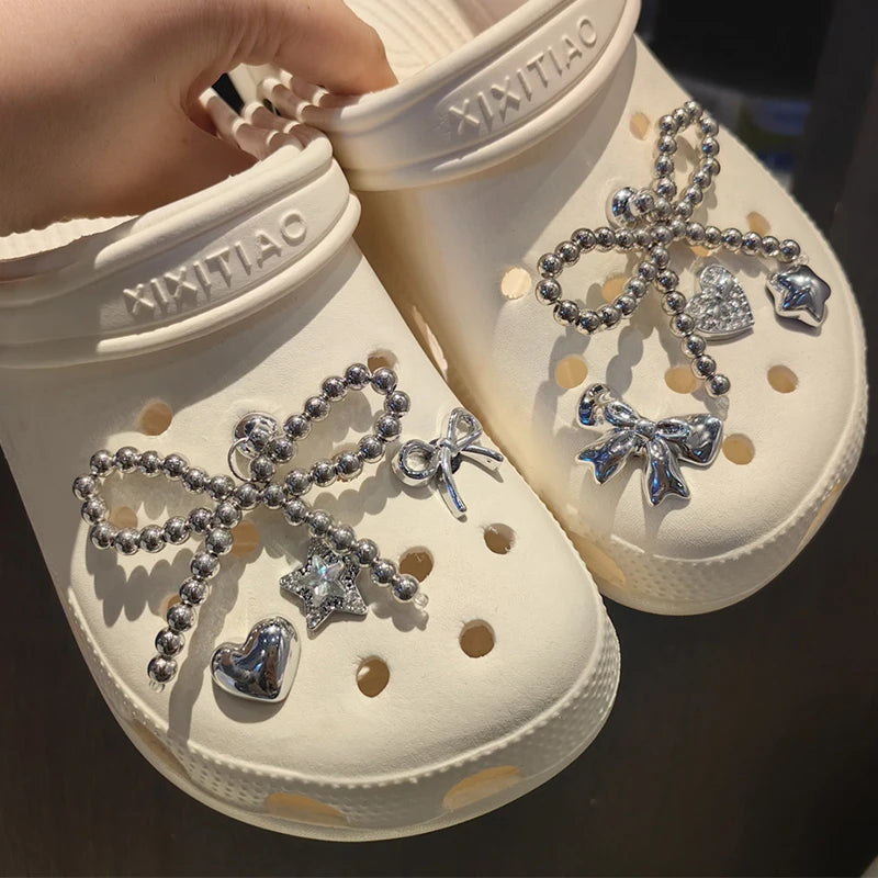 New Pearls Bowknot Shoes Charm Set 2026 Punk Heart Flowers DIY Shoe Accessories Ballet Style Silver Detachable Shoe Buckle Decor Pi-Mart