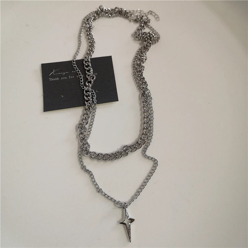 Punk Rock Black Heart Cross Pendant Chain Necklace For Men Women Cool Hip Hop Street Vintage 90s Y2K Grunge Goth Accessories Pi-Mart