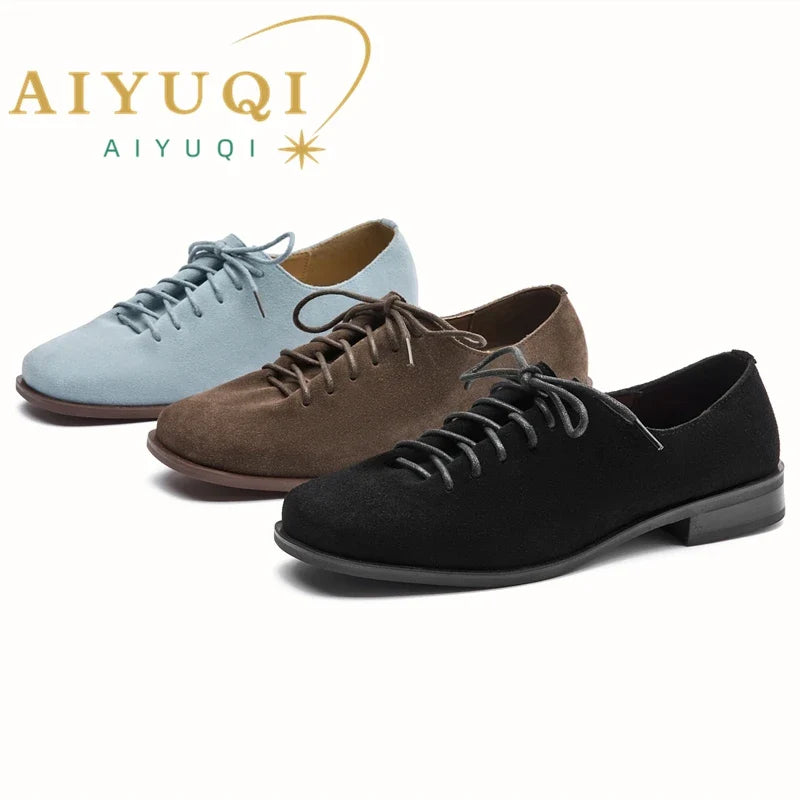 Women Loafer Lace-up 2025 New Spring Shoes Women Suede Genuine Leather Women Oxford Shoes Large Size British Style Women Shoes LadyShow.Store
