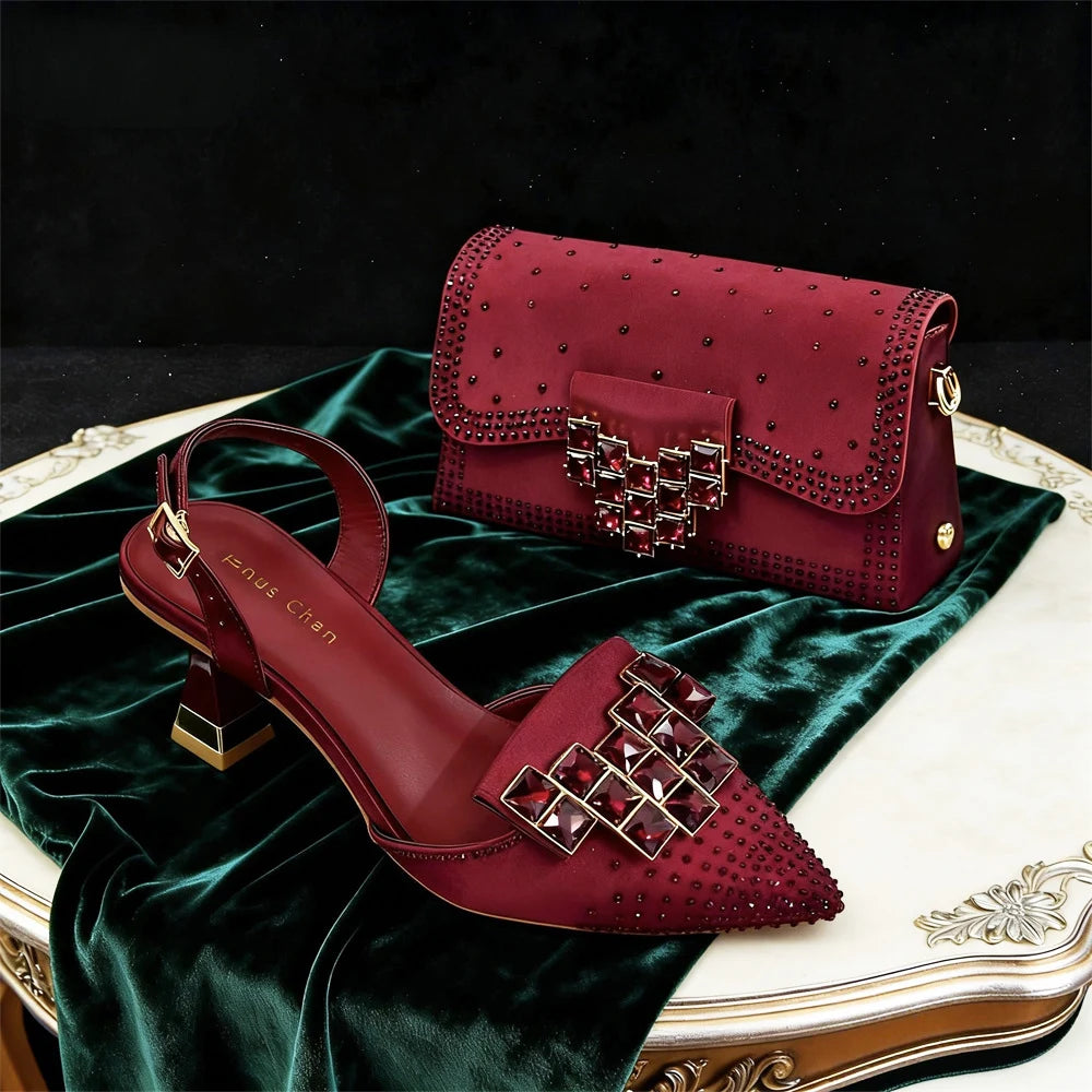 Venus Chan 2026 INS Italy Elegant Rhinestone Pointed Toe High Heels & Matching Bag Set - Perfect for Women's Parties & Weddings Pi-Mart