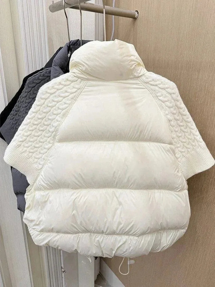 Short Puffer Jacket Sleeveless Duck Down Coat Warm Lightweight Patchwork Knitted Warm Drawstring Short Puffer Down Waistcoat LadyShow.Store