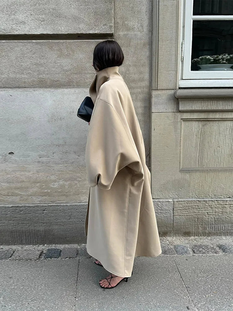 Women's Elegant Faux Suede Long Jacket Stand Collar Bat Sleeve Solid Overcoat Outwears 2025 Autumn Winter Female Streetwears LadyShow.Store