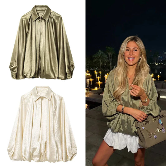 Women's Bomber Jacket Long Sleeve Pleats Street Wear With Zipper Green Beige Vintage Oversize Zip Up Casual Summer Jacket female LadyShow.Store