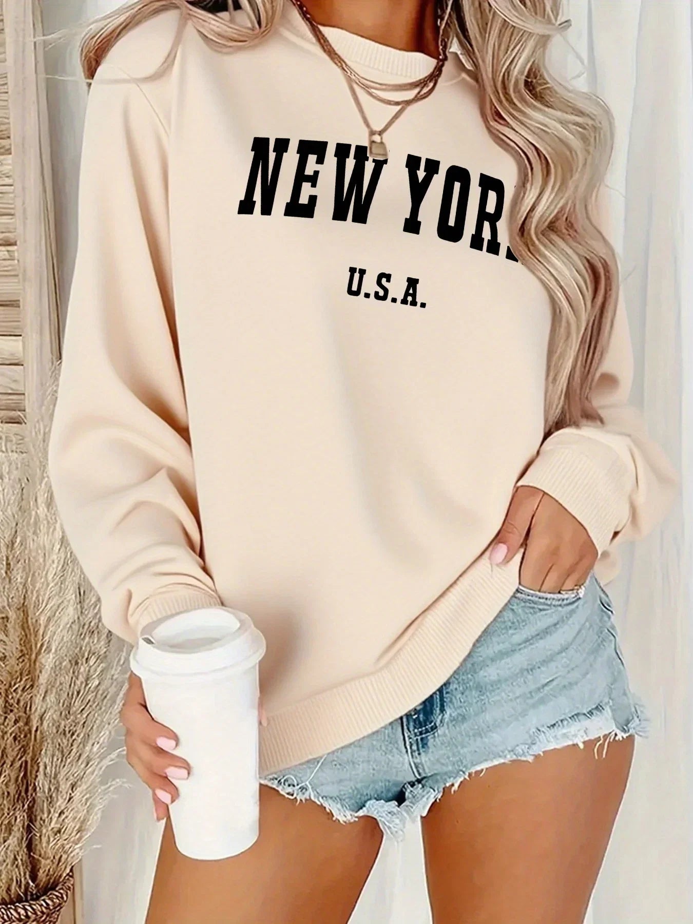 Women's Casual USA Print Pullover Sweatshirt Geometric Design Long Sleeve Round Neck Machine Washable Regular Fit for Autum LadyShow.Store