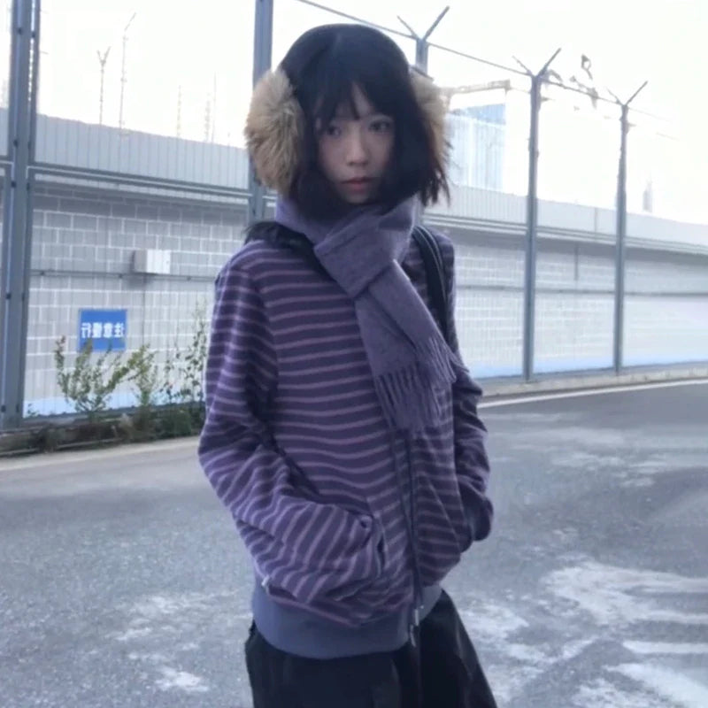 Karrram Japanese Y2k Purple Striped Cardigan 2000s Style Turtleneck Knitted Jacket Vintage Harajuku Zipper Knitwear Korean 90s LadyShow.Store