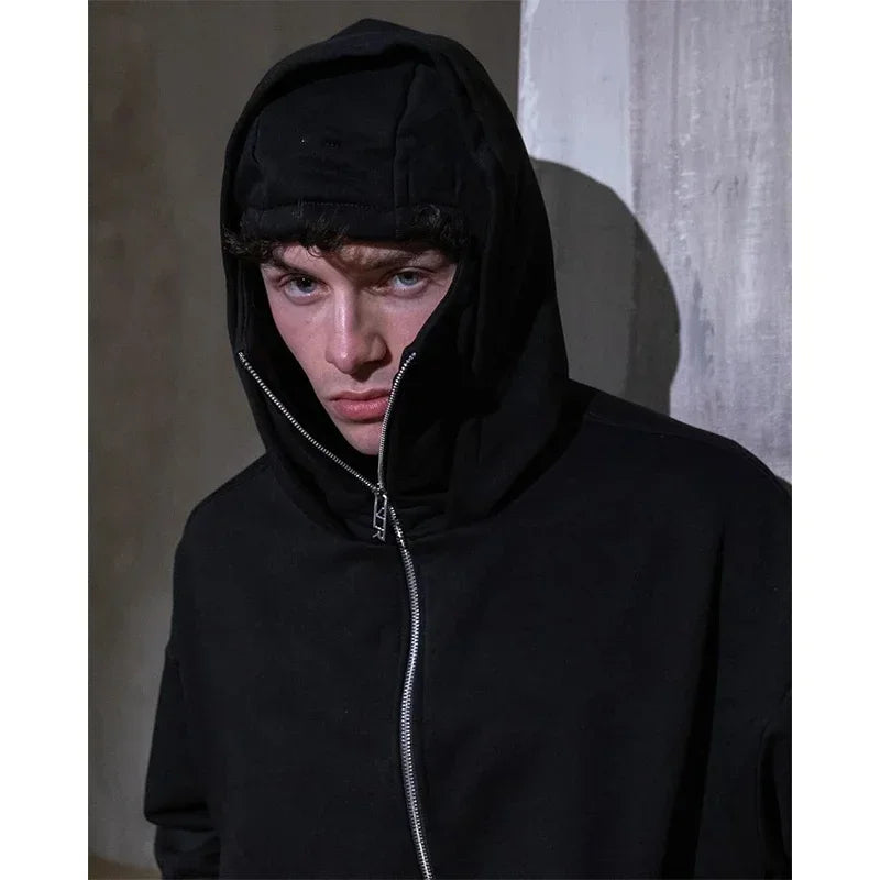 Men and Women Balaclava Y2K Gothic Harajuku Spring Autumn Winter New Item Double Hooded Sweatshirt Men Hooded Mask Zipper Jacket Pi-Mart