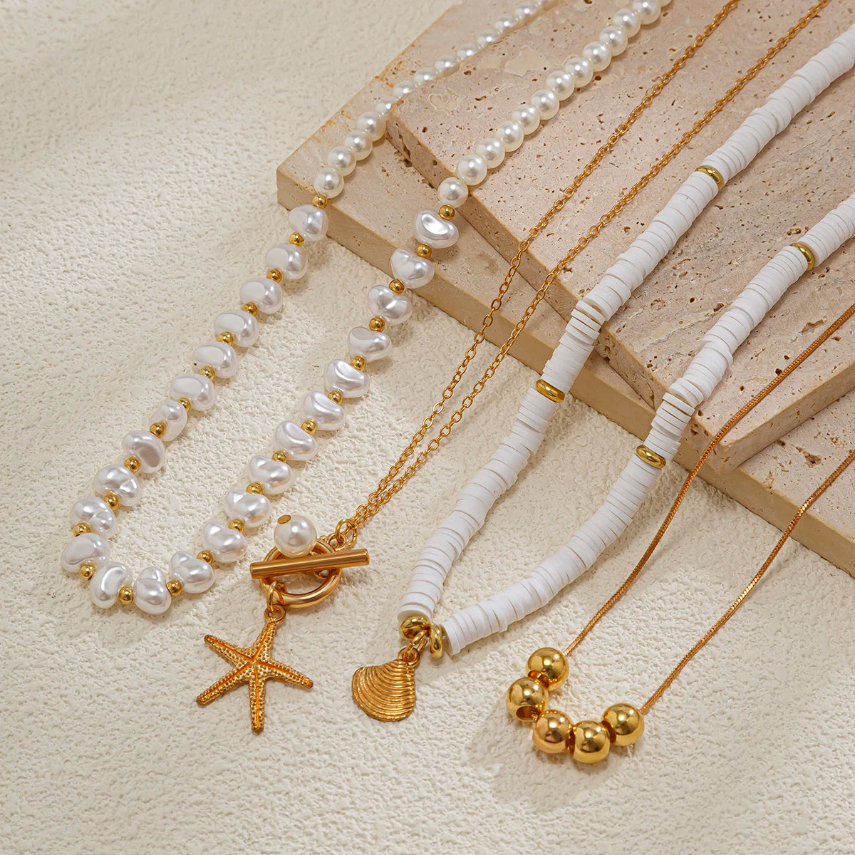 Ingemark 3Pcs/Set Bohemian Scallop Starfish Pendant Necklace for Women  Elegant Imitation Pearl Chain Jewelry Accessories Gift Pi-Mart