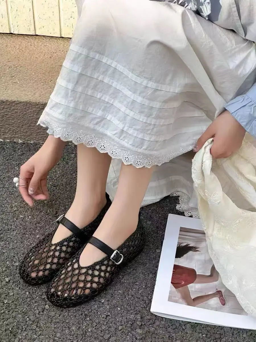 2026 Summer New Fashion Simple One-Buckle Vintage Flats for Women, Soft and Comfortable Ballet Shoes, Shallow Mouth Sandals Pi-Mart
