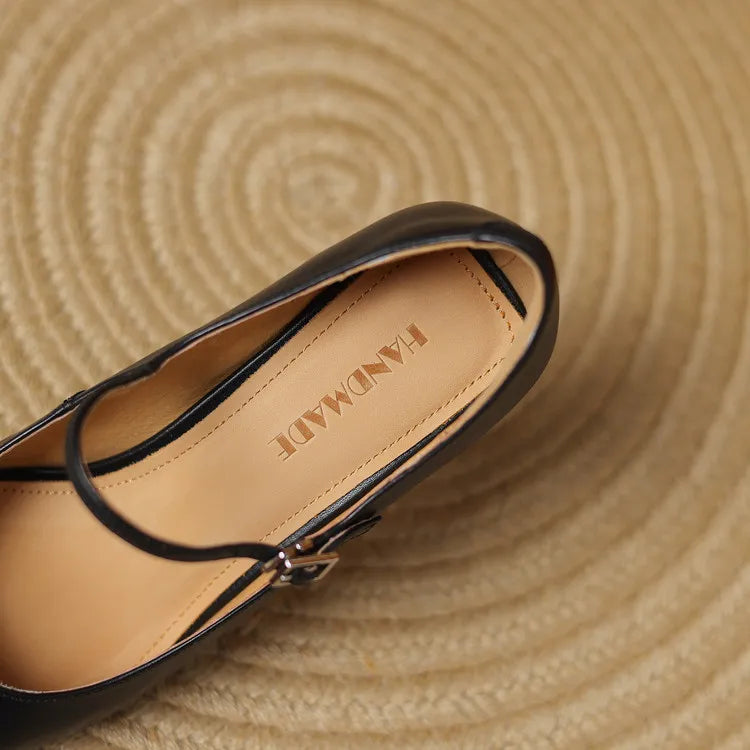 NEW Spring/Autumn Women Pumps Genuine Leather Shoes for Women Pointed Toe Thin Heel Shoes Shallow Buckle Strap Mary Janes Shoes Pi-Mart