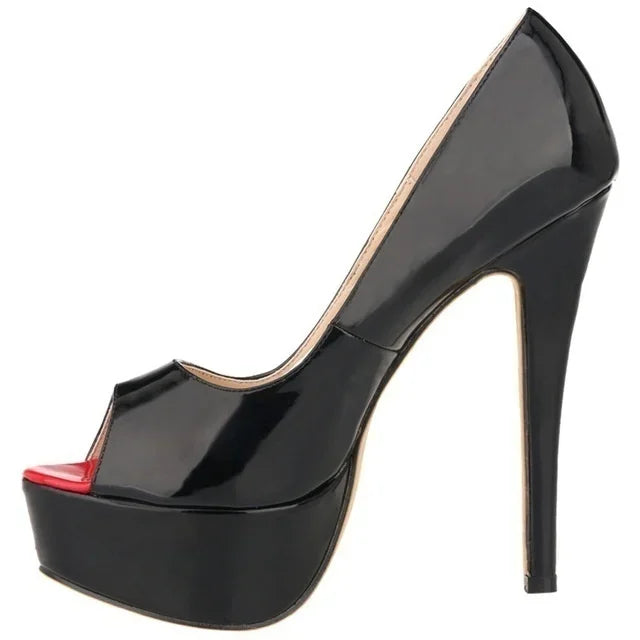 Women Pumps Sexy Platform Peep Toe 14cm Extremely Thin High Heels Stiletto Patent Leather Fashion Party Nighclub Wedding Shoes Pi-Mart