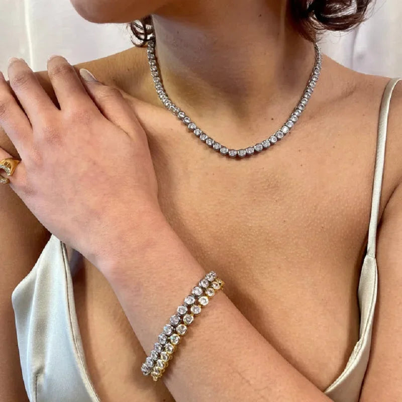 Geometric High Quality Fashion Women Jewelry Bezel Set Round Shaped Tennis Chain Bracelet Necklace Set Pi-Mart