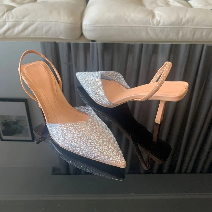 2024 Fashion Summer Women High Heels Pearl Decoration Slingback Woman Pumps Pointed Toe High Heels Sandals Elegant Woman Shoes LadyShow.Store