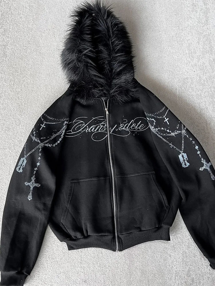 Winter Fashion Streetwear Women's Gothic Punk Faux Fur Hooded Jacket With Cross Print Trendy Edgy Zip - Up Sweatshirt 2026 New LadyShow.Store