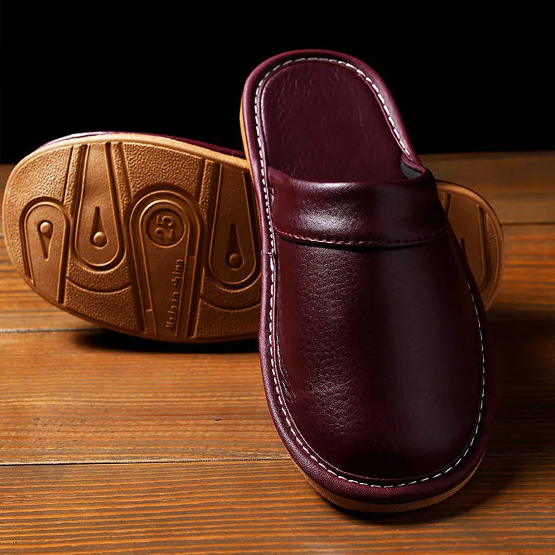 Luxury Men Leather Handmade Women Home Slippers Autumn Winter Plush Slip on Soft Black Brown Bedroom Indoor Flat Men Shoes Pi-Mart