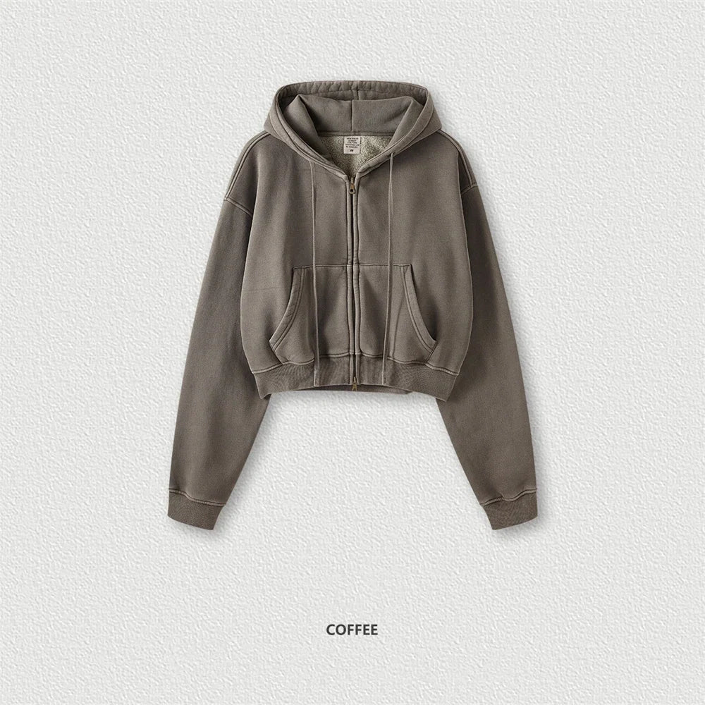 ZODF Retro 2025 Winter Women Short Zipper Hoodies Female Girls Loose 355gsm Thick Fleece Hooded Zip-up Coat Streetwears HY0448 LadyShow.Store