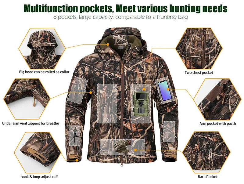 Men's Silent Soft Shell Camouflage Tactical Jacket Waterproof Warm Fleece Hunting Jackets Outdoor Hiking Fishing Hooded Coat Pi-Mart