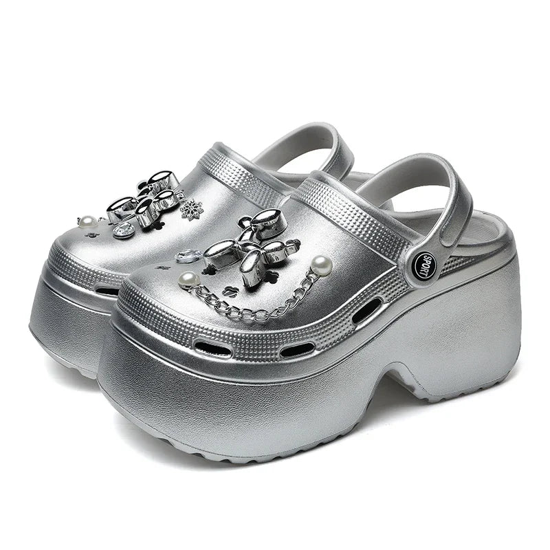 New Women's Silver Platform Clogs Summer 2025 Comfortable Slip on Wedge Sandals Woman Fashion Chain Thick Sole Garden Shoes Lady LadyShow.Store