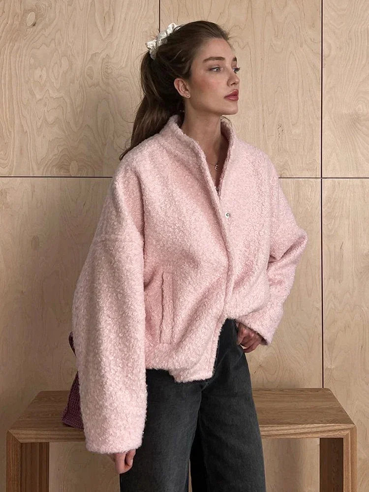 TARUXY Pink Short Fur Jacket Coat For Women Autumn Winter Casual Stand Collar Pocket Loose Fashion Long Sleeve Jacket Top Female LadyShow.Store