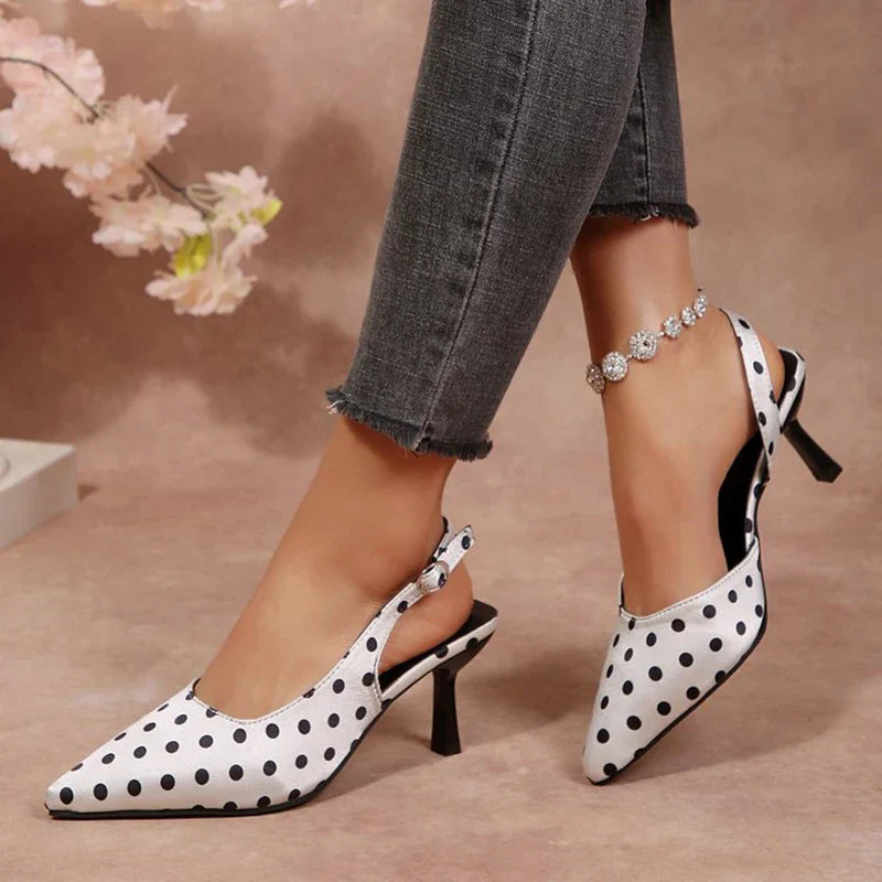 Vintage Polka Pot Pointed Toe Pumps Women Banquet Stiletto High Heel Shoes for Woman Adjustable Buckle Strap Chic Summer Shoes LadyShow.Store