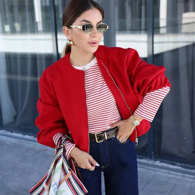 MUJER Red Zipper Bomber Jackets for Women Soft Cropped Jackets Woman 2025 Long Sleeve Woman's Sports Jacket New in Outerwears LadyShow.Store