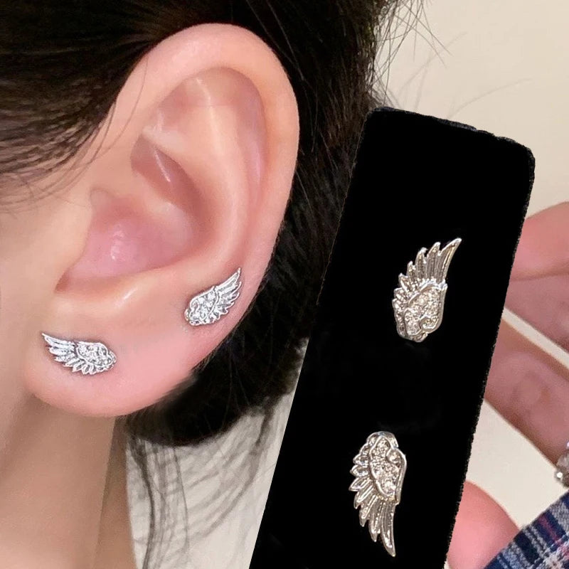 Fashion Zircon Wing Stud Earrings for Women Luxury Shiny Crystal Creative Angel Wings Cross Silver Color Ear Studs Jewelry Gifts Pi-Mart