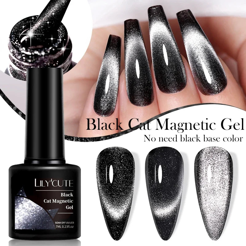 LILYCUTE 7ML Black Crystal Cat Magnetic Gel Sparkling Glitter Gel Nail Polish Semi Permanent UV Gel Nail Art No Need Base Color Tri Light Beauty
