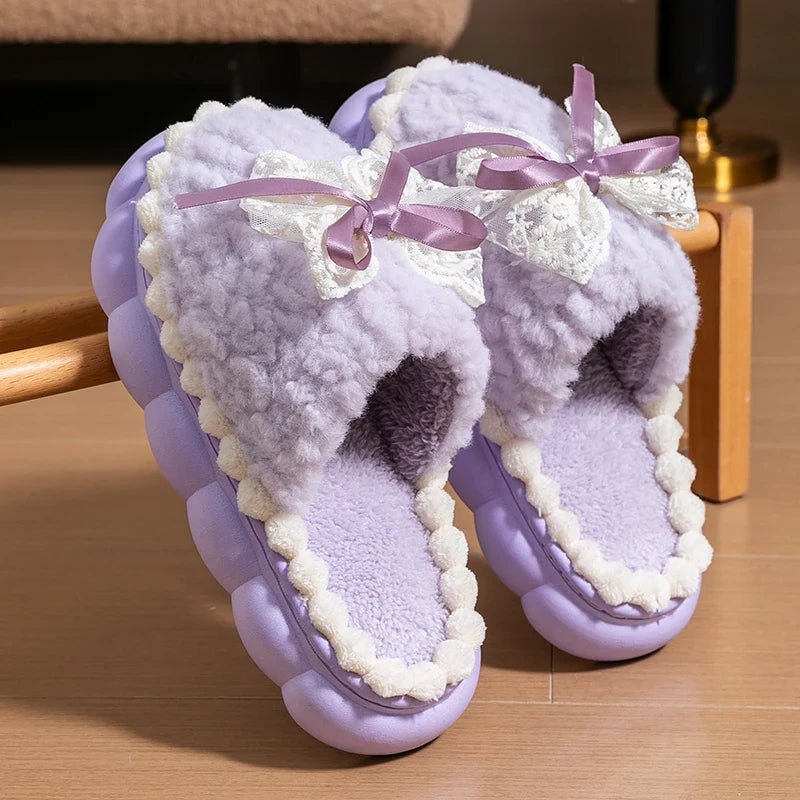 Winter Warm Fur Slippers For Women Thick-Soled Household Slippers Cute Bow Non Slip Soft Home Shoes Indoor Plush Women's Slipper LadyShow.Store
