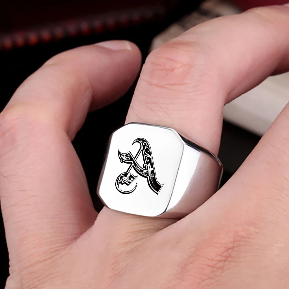 Fashion 26 English Initial Titanium Steel male Ring for Men Retro Punk Party Jewelry Pi-Mart