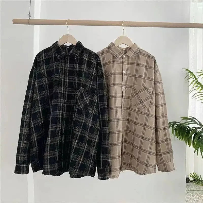 Plaid shirt women long sleeve retro port taste loose size women Korean version of the spring wear student jacket LadyShow.Store