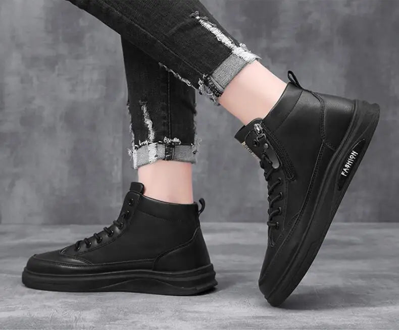 Men Boots Autumn High Top Leather Casual Shoes Fashion Cotton Shoes Flat Ankle Boots Business Outdoor Shoes Man Sneakers New Pi-Mart