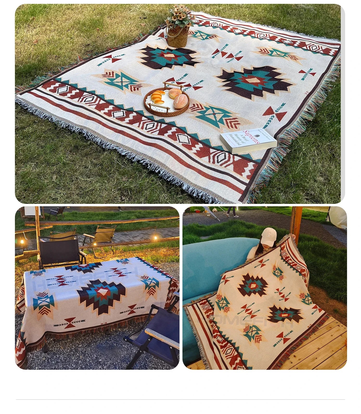 Aztec Blanket Oversized Boho Throw Blanket with Fringe Southwestern Geometric Tapestry Vintage Woven Throw Blankets Double-S Pi-Mart