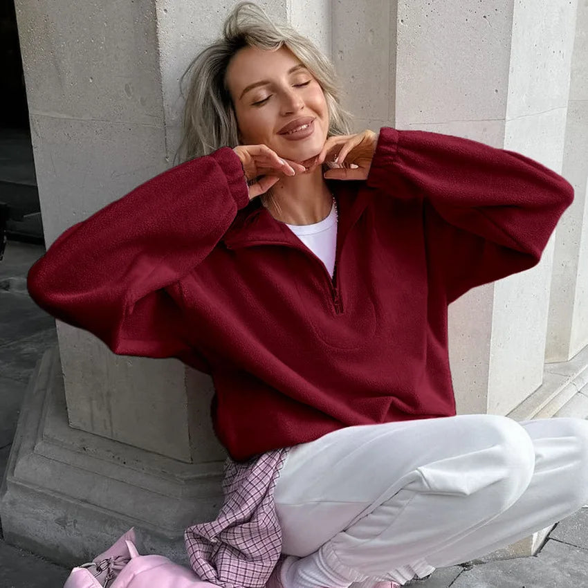 Women Autumn Winter Fleece Hoodies Elegant Stand Collar Zipper Loose Sweatshirt Elegant Solid Pullover Casual Top Streetwear LadyShow.Store