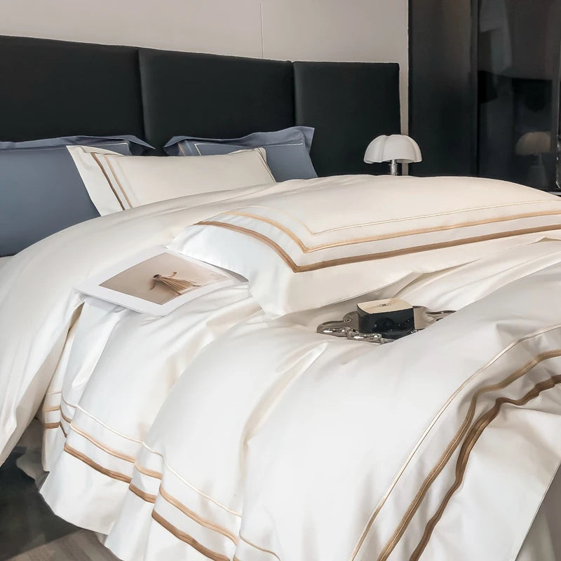Hotel Style Bedding Set Luxury Golden Embroidery Duvet Cover Grey Egyptian Cotton Bed Sheets Pillowcases Solid Color Bedclothes Pi-Mart