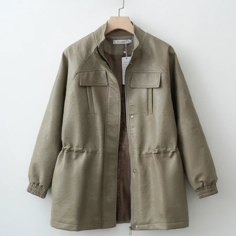 Women Fashion 2025 Fall / Autumn Pu Leather Jacket with Elastic adjustable waist Female Coat and Outerwear LadyShow.Store