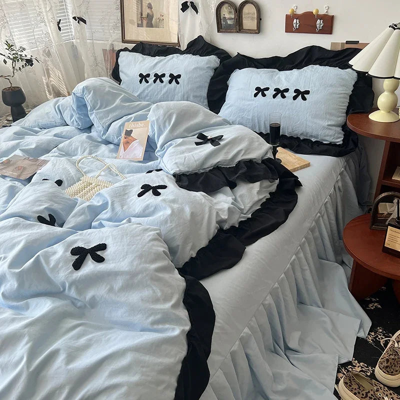 Black Bow Cotton Bedding Set, Princess Style Cute Girl Skin Friendly Soft Duvet Cover, Bed Sheet or Bed Skirt Pillowcase Pi-Mart