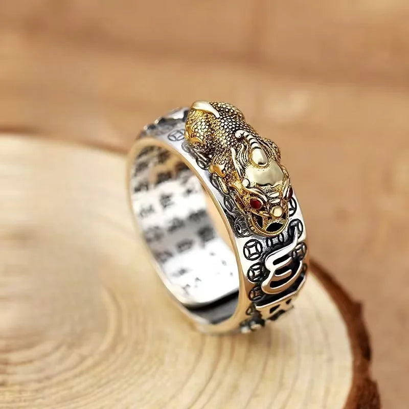 Chinese Feng Shui Pixiu Ring Silver Plated Copper Coins Adjustable Rings for Women Men Amulet Wealth Lucky Jewelry Birthday Gift Pi-Mart