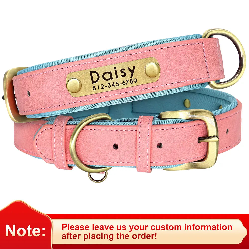Customized PU Leather Nameplate Dog Collar Soft Padded Dogs Collars Free Engraving Name for Small Medium Large Dogs Adjustable LadyShow.Store