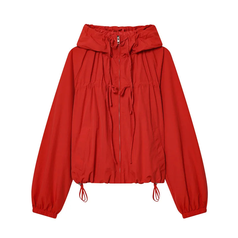 Women's Jacket 2026 Autumn New Red Long-Sleeve Drawstring Decorative Festive Hoodie Zipper Cardigan Casual Fashion Versatile Pi-Mart