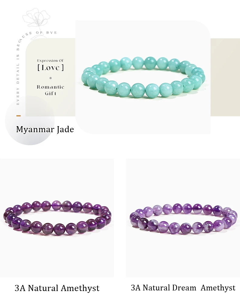 JD Natural Stone Beads Bracelet Amethyst Tiger Eye Crystal Quartz Agate Gem Beads Bangles Women Men Reiki Healling Jewelry Gift Pi-Mart
